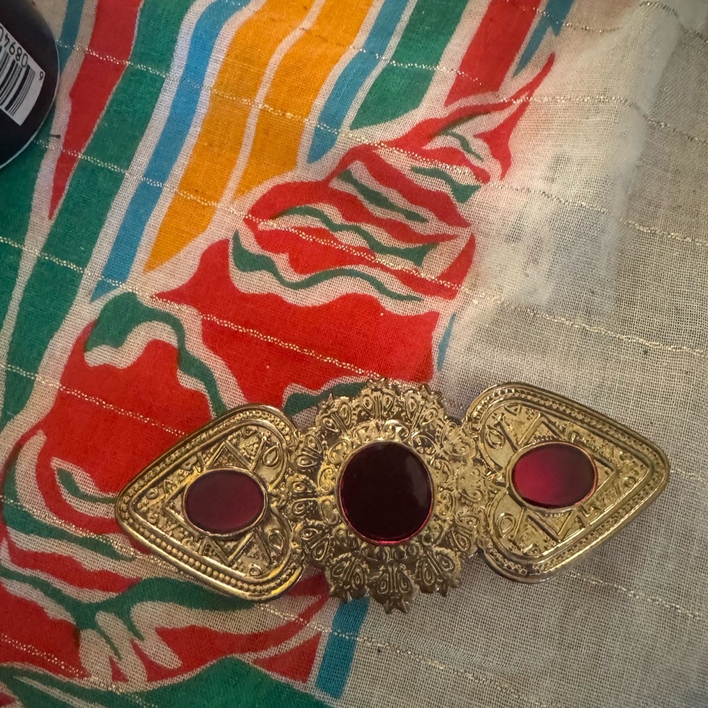 Gold-Tone Vintage Style Hair Barrette with Red Stones